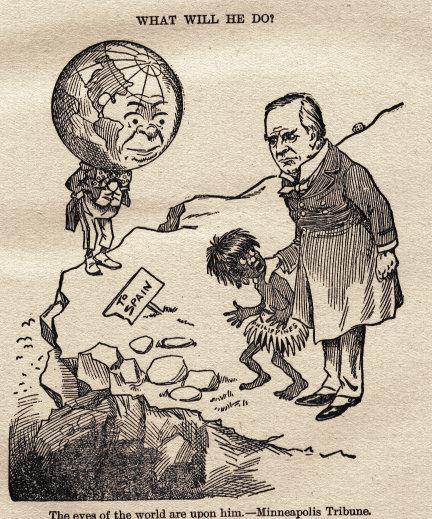 1898 political cartoon showing U.S. President McKinley with a child 'savage'. 