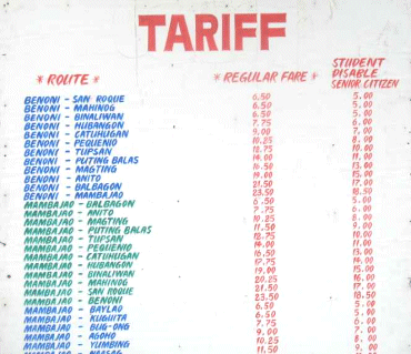 Jeepney tariffs in Camiguin